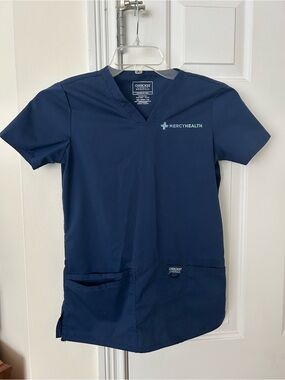 Cherokee Navy Short Sleeve Medical Scrub Top with MercyHealth Logo